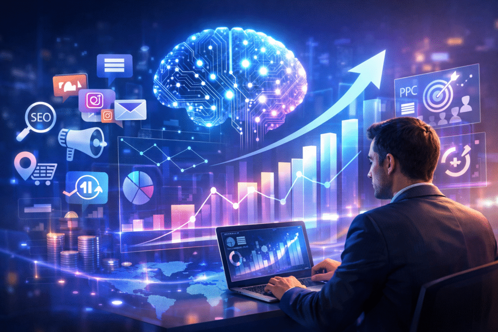 AI in digital marketing showing AI-powered analytics, growth charts, and automation tools driving business growth.